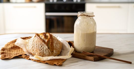Gebackenes Brot auf weißem Tuch neben einem Glas mit Sauerteiganstellgut vor einer Küche