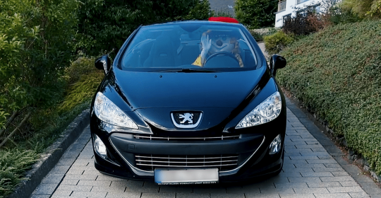 Clown Happy fährt in einem schwarzen Cabrio winkend die Einfahrt hinunter