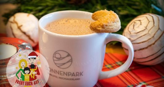Heiße Schokolade in einer weißen Tasse, garniert mit Keks und umgeben von Weinachtsdeko