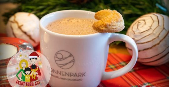 Heiße Schokolade in einer weißen Tasse, garniert mit Keks und umgeben von Weinachtsdeko