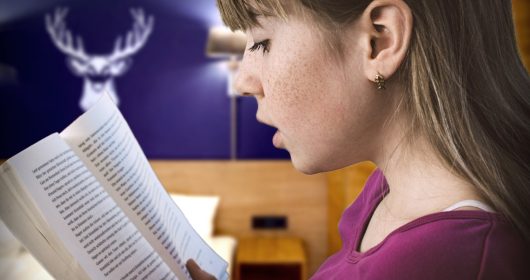 Mädchen mit braunen Haaren und violettem Oberteil liest in einem Buch im Schlafzimmer