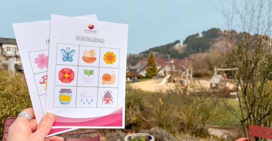 Hand hält zwei Frühlingsbingo-Karten aufgefächert in die Höhe vor einem Spielplatz im Hintergrund
