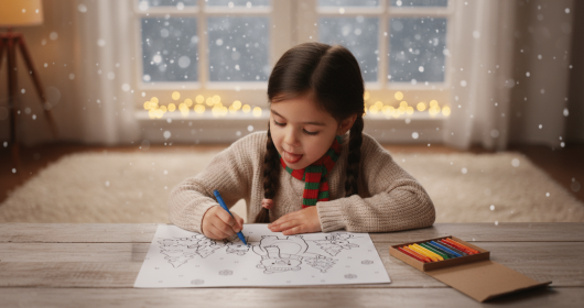 Mädchen malt ein winterliches Ausmalbild an einem Holztisch mit bunten Stiften.