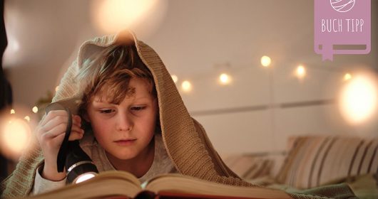 Junge unter Decke mit Taschenlampe Buch lesen