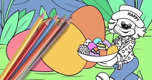 Ausmalbild von Clown Happy und buten Ostereiern mit Buntstiften