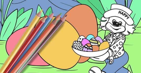 Ausmalbild von Clown Happy und buten Ostereiern mit Buntstiften
