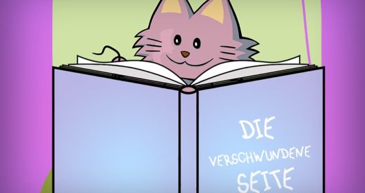 violette Katze liest in einem blauen Buch