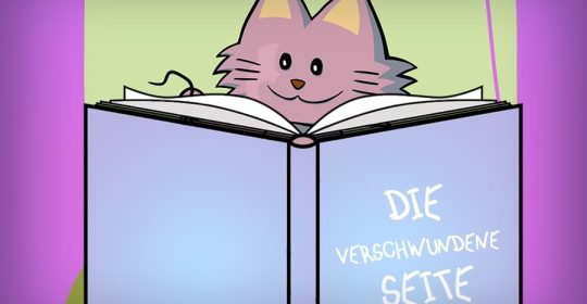 violette Katze liest in einem blauen Buch