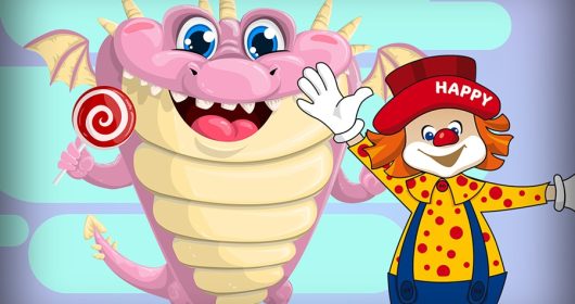 Clown Happy und ein pinker Drache mit einem rot-weißen Lutscher in der Hand