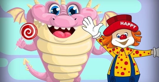 Clown Happy und ein pinker Drache mit einem rot-weißen Lutscher in der Hand