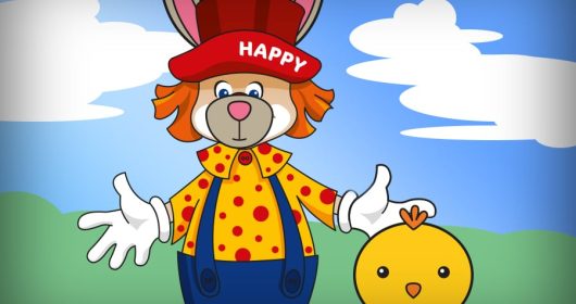 Clown Happy als Hase neben einem Küken auf einer Wiese illustriert