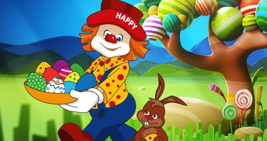 Illustrierter Clown mit einem Korb voller Ostereiern neben einem Hasen vor einem bunten Baum