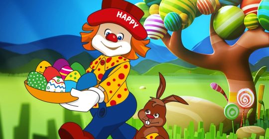 Illustrierter Clown mit einem Korb voller Ostereiern neben einem Hasen vor einem bunten Baum