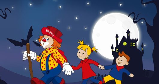 Illustration eines Clowns mit Kindern auf Wanderschaft vor einem gruseligen Schloss