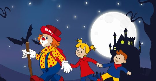 Illustration eines Clowns mit Kindern auf Wanderschaft vor einem gruseligen Schloss
