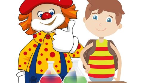 Illustrierter Clown und ein Junge stehen vor einem Tisch mit zwei Reagenzgläsern