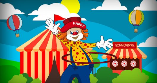 Clown Happy mit einem Reifen um die Hüfte vor einem Zirkuszelt