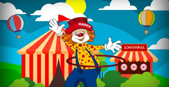 Clown Happy mit einem Reifen um die Hüfte vor einem Zirkuszelt